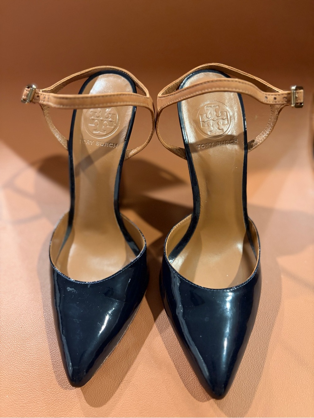 Tory Burch Two-Tone Pointed Toe Ankle-Strap Pumps in Black and Tan